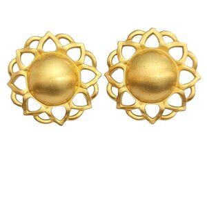 Gold Tone Matte Finish Domed Sunburst Cut Edge Clip-On Earrings, M254